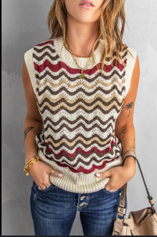 Red Wavy Stripes Knit Vest