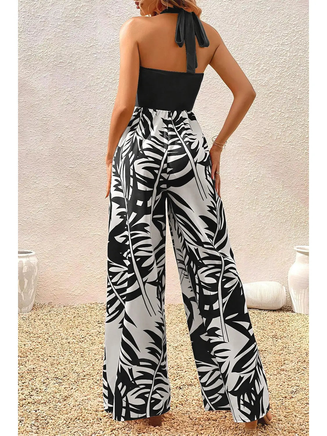 Halter Tropical Plant Print Wide Leg Jumpsuit