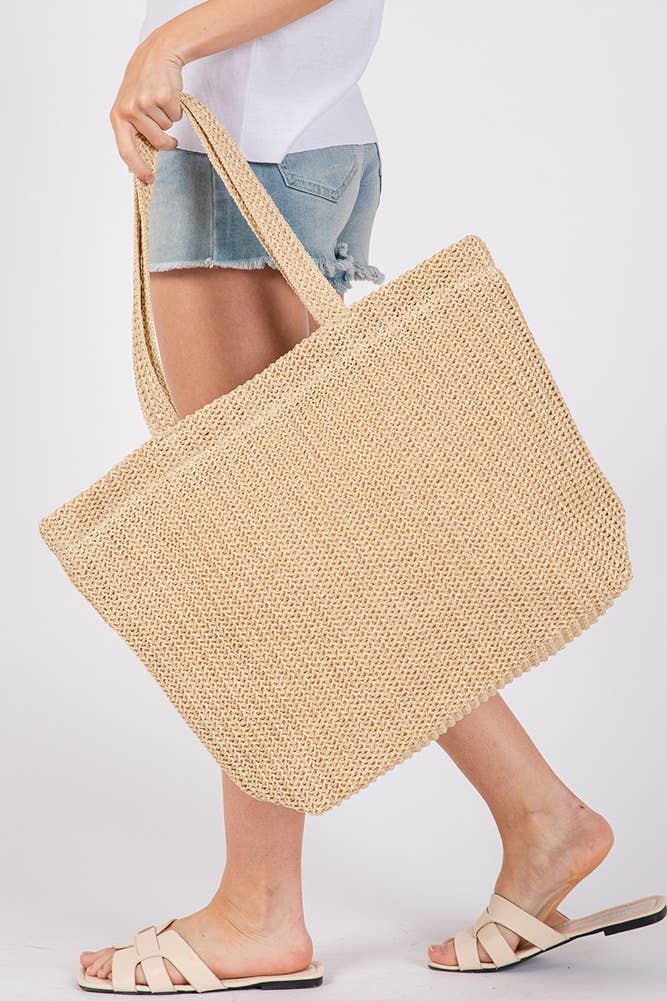 Solid Color Crochet Summer Straw Tote Bag