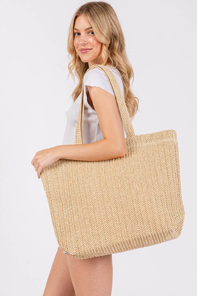 Solid Color Crochet Summer Straw Tote Bag