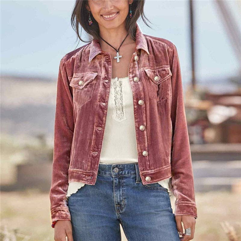 Versatile Short Velvet Jacket With Lapel