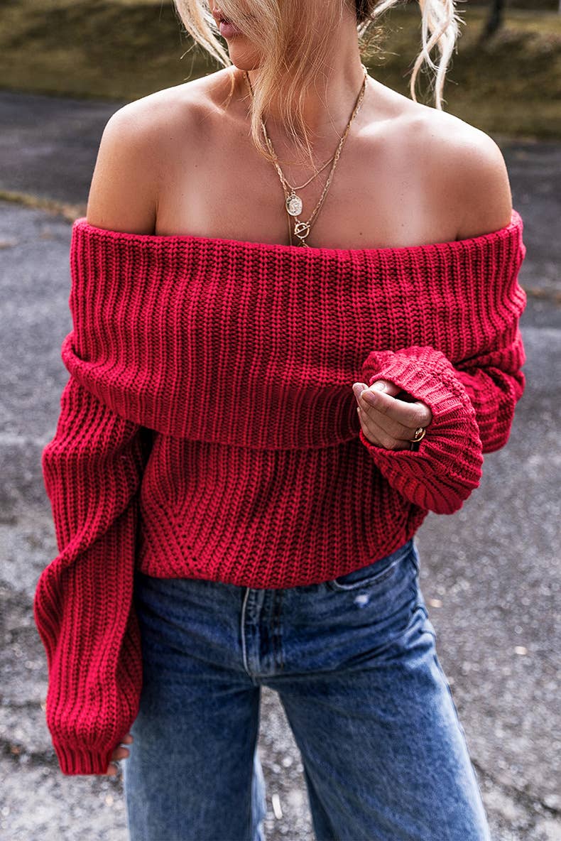 RED LOOSE SOLID COLOR OFF-THE-SHOULDER SWEATER