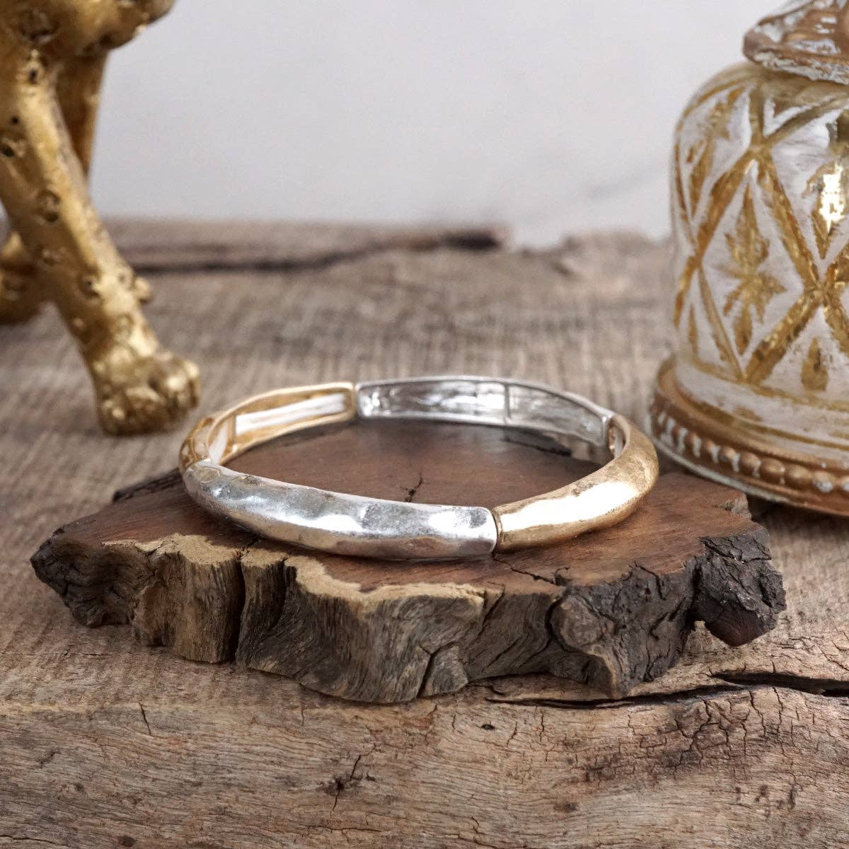 Boho Stretchy Minimalist Bangle Raw Textured Worn Gold and Silver tones