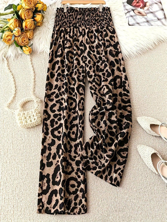 Leopard Print Wide Leg Elastic Waist Casual Pant