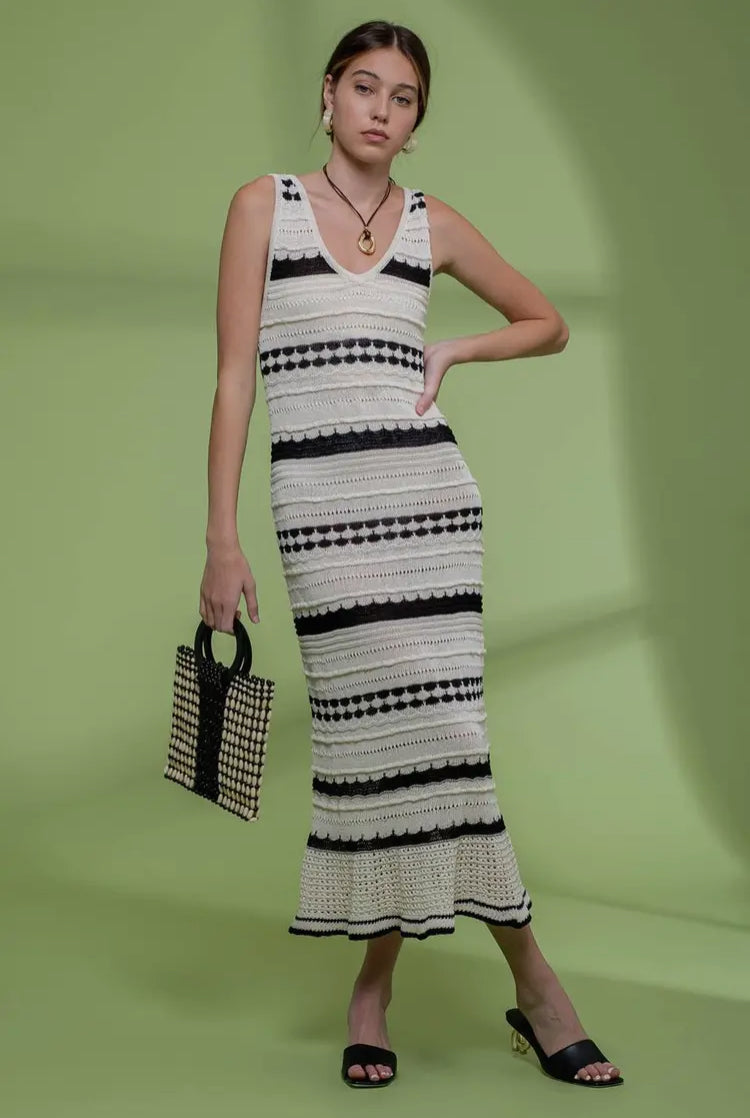 Jacquard V Neck Knit Sweater Midi Dress