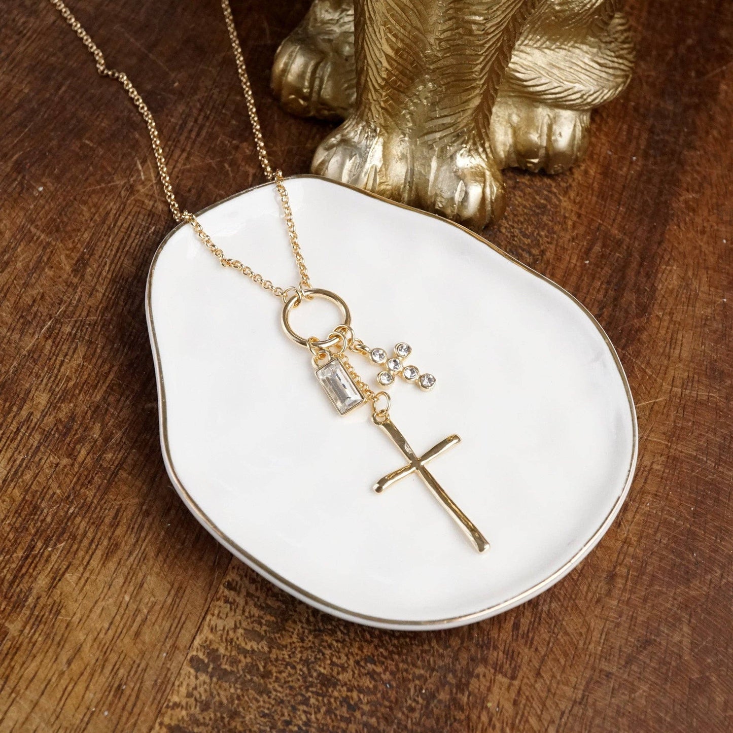 Dainty Cross Charm Cluster Necklace – Gold Tone