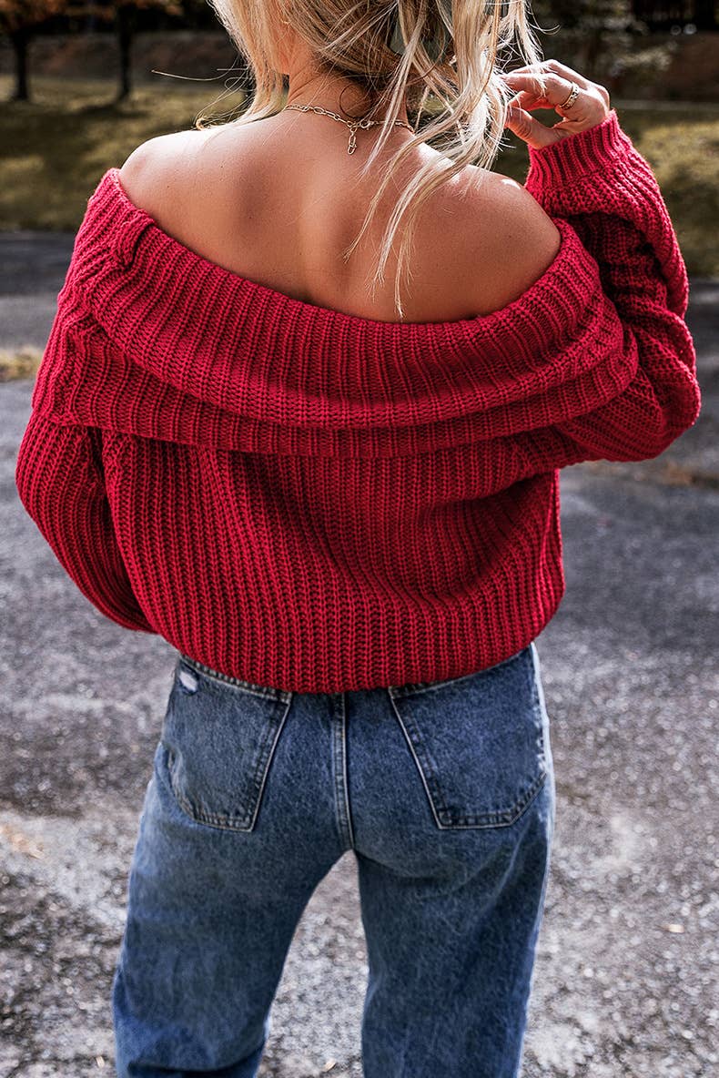 RED LOOSE SOLID COLOR OFF-THE-SHOULDER SWEATER