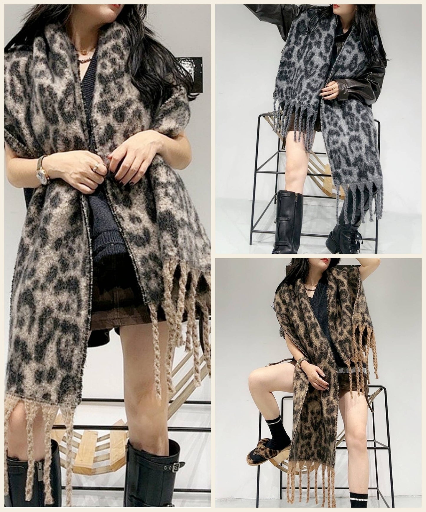 Oversized Cozy Leopard Fuzzy Scarf with Braided Tassels