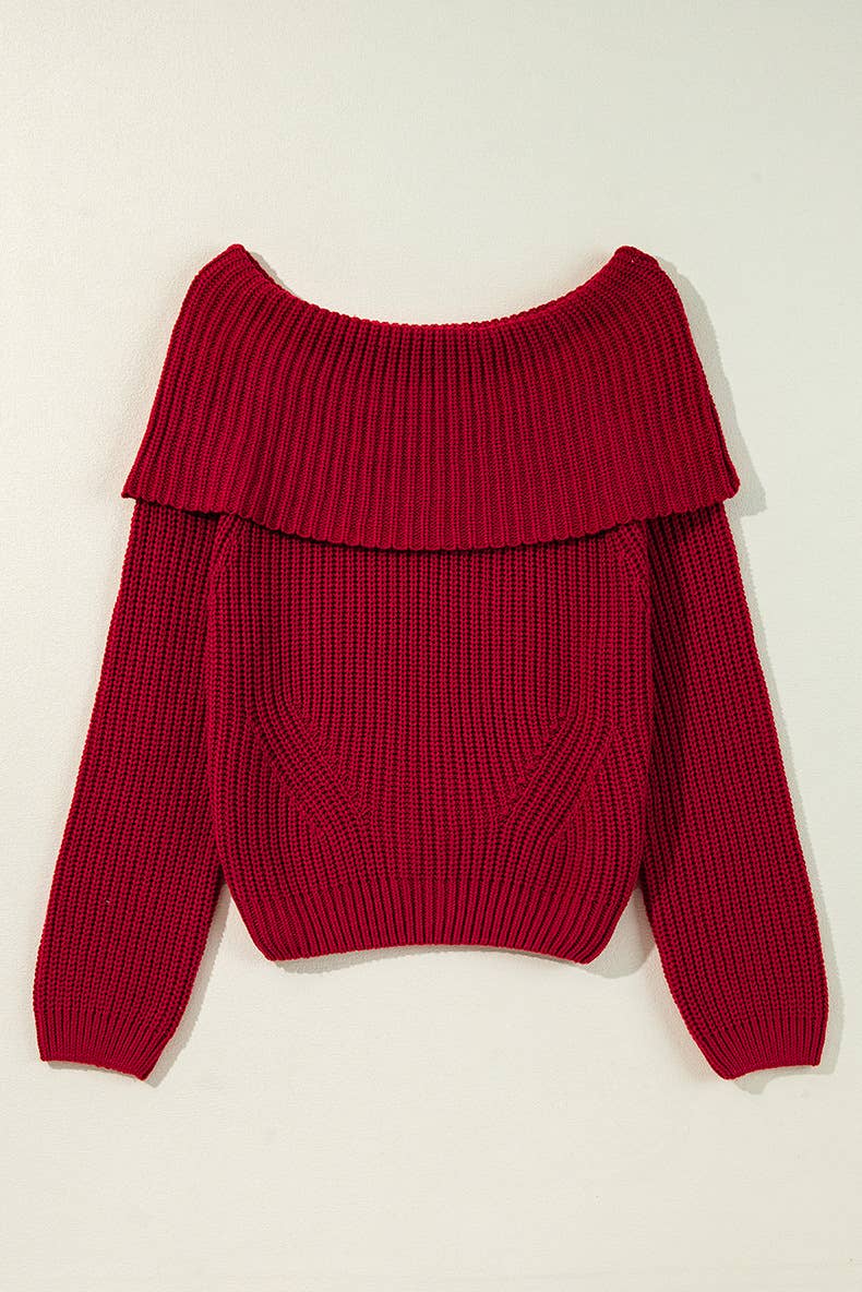 RED LOOSE SOLID COLOR OFF-THE-SHOULDER SWEATER