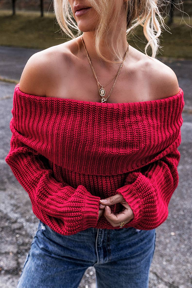 RED LOOSE SOLID COLOR OFF-THE-SHOULDER SWEATER