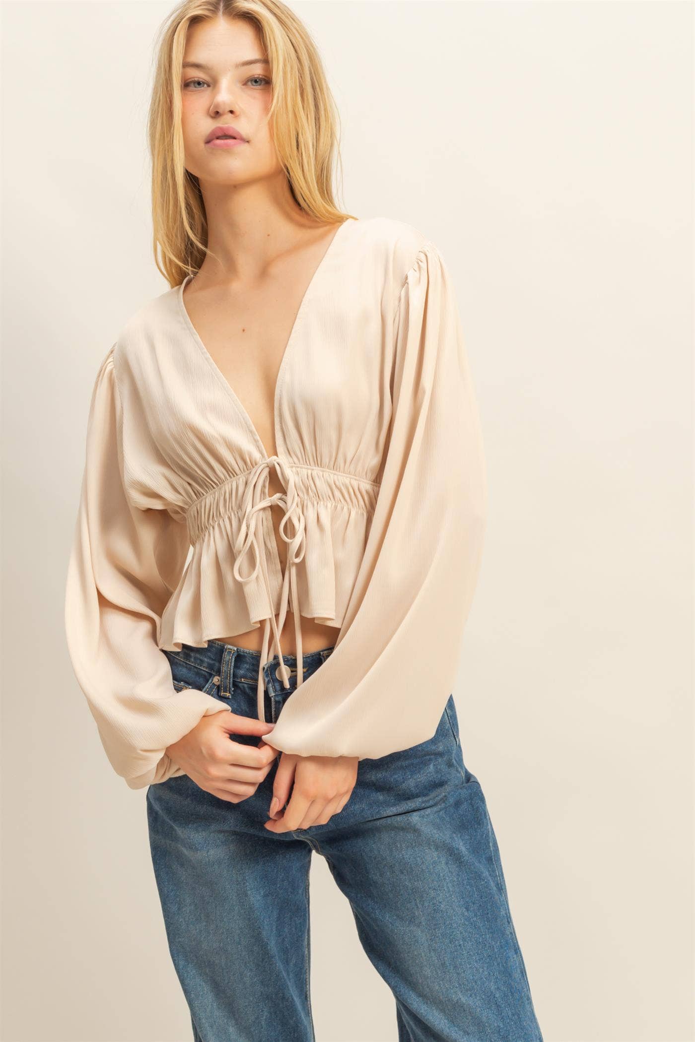 Elegant Champagne Deep V-Neck Blouse