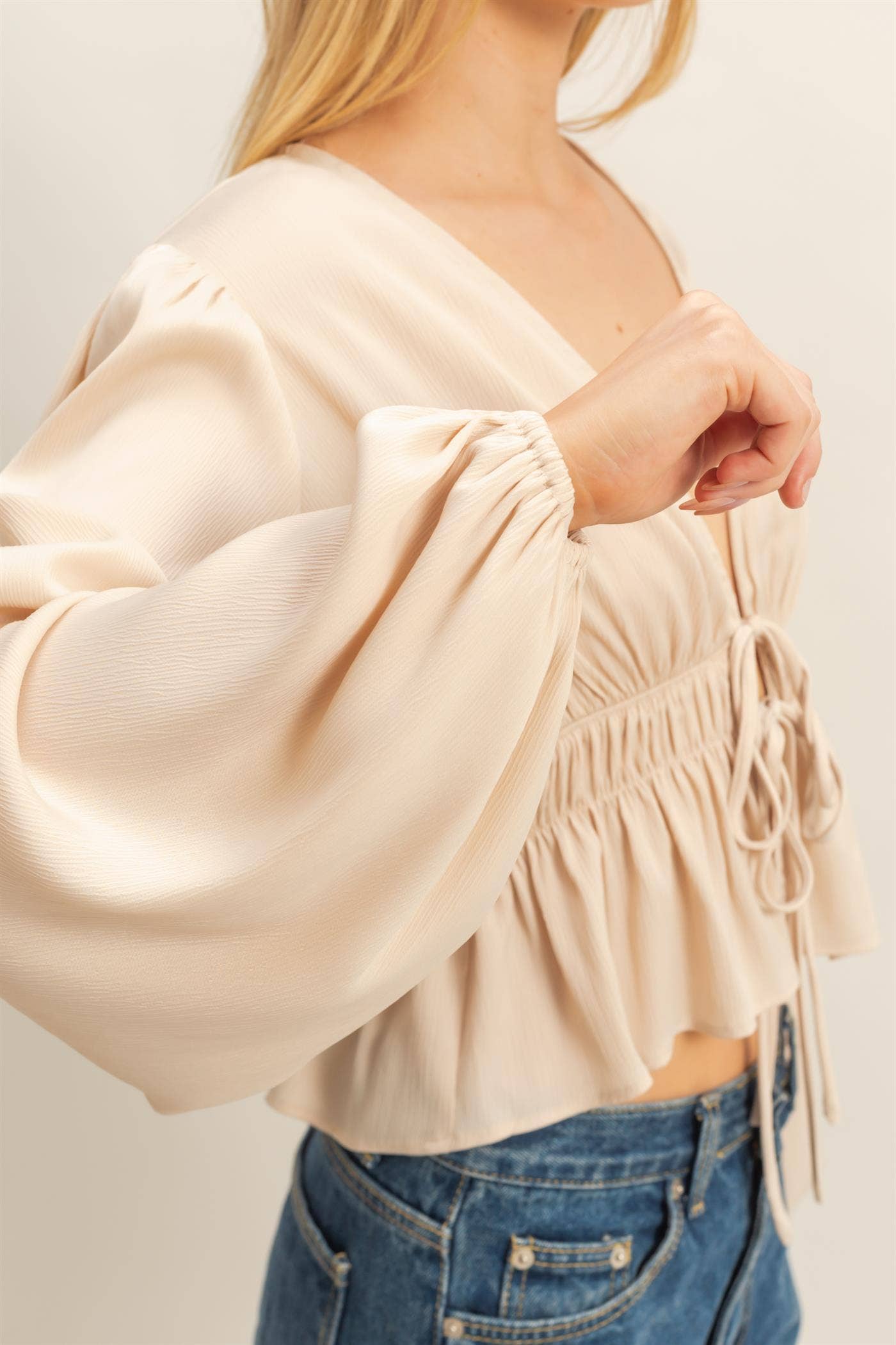 Elegant Champagne Deep V-Neck Blouse