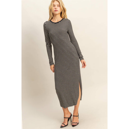 Striped Long-Sleeve Midi Dress B&W