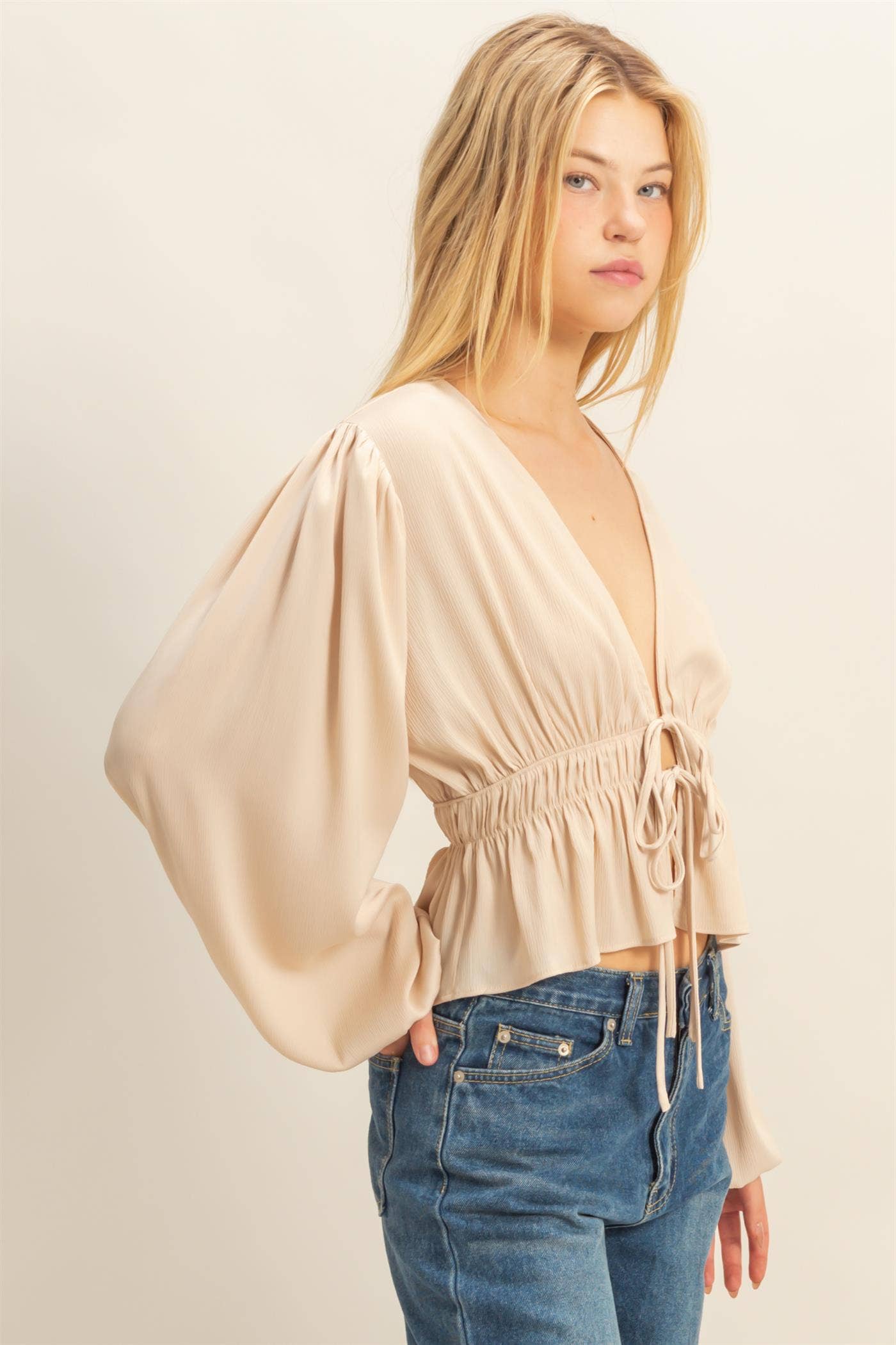 Elegant Champagne Deep V-Neck Blouse