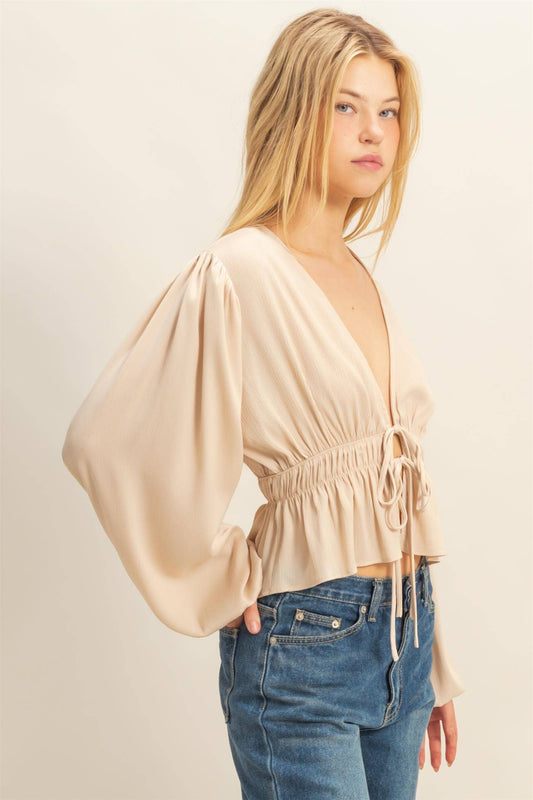 Elegant Champagne Deep V-Neck Blouse