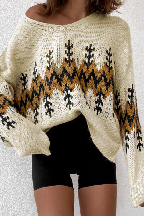 Beige Slouchy Fit Tree Print V Neck Knit Sweater