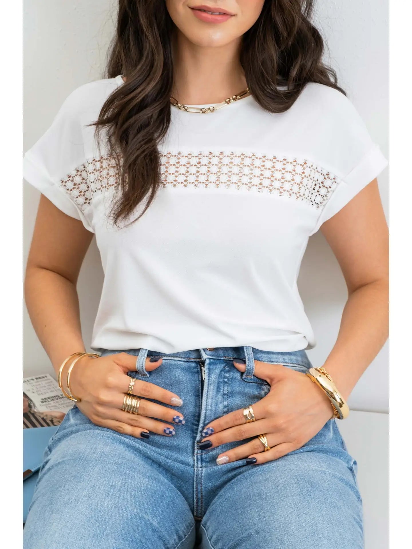 Button Back Stripe Lace Trim Top black