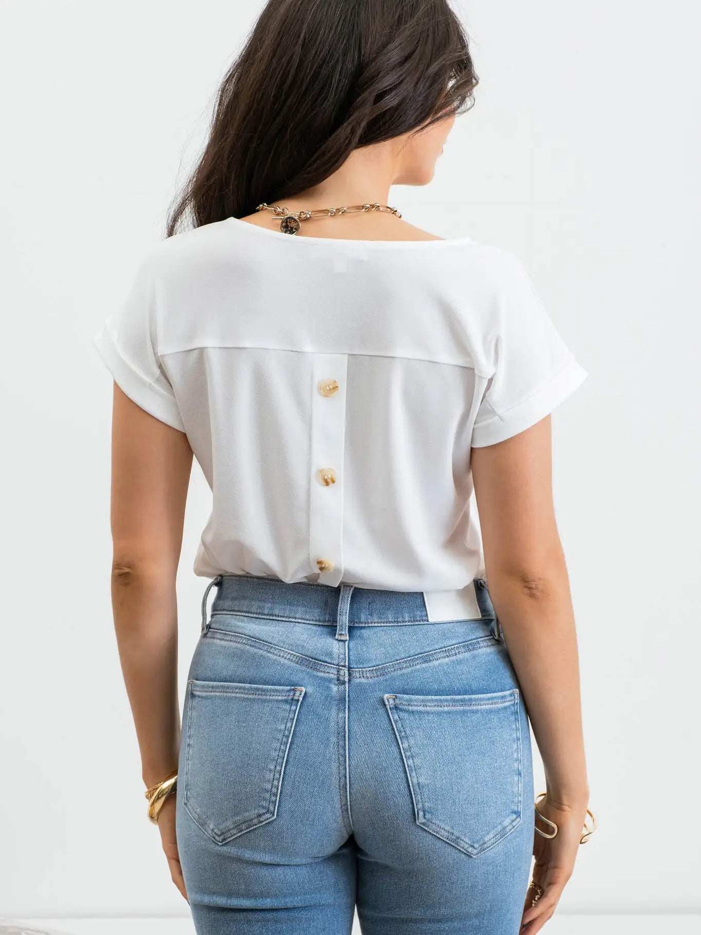 Button Back Stripe Lace Trim Top black