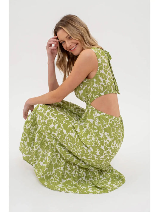 Floral Print Cut Out Midi Dress Green
