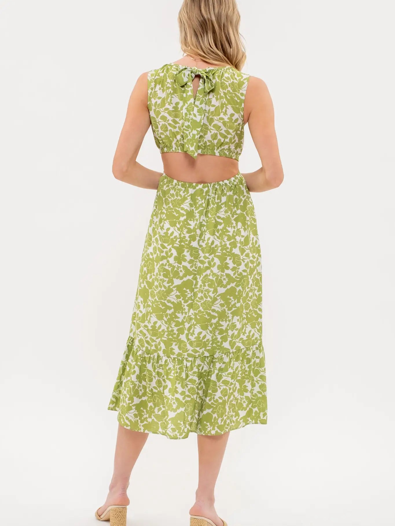 Floral Print Cut Out Midi Dress Green