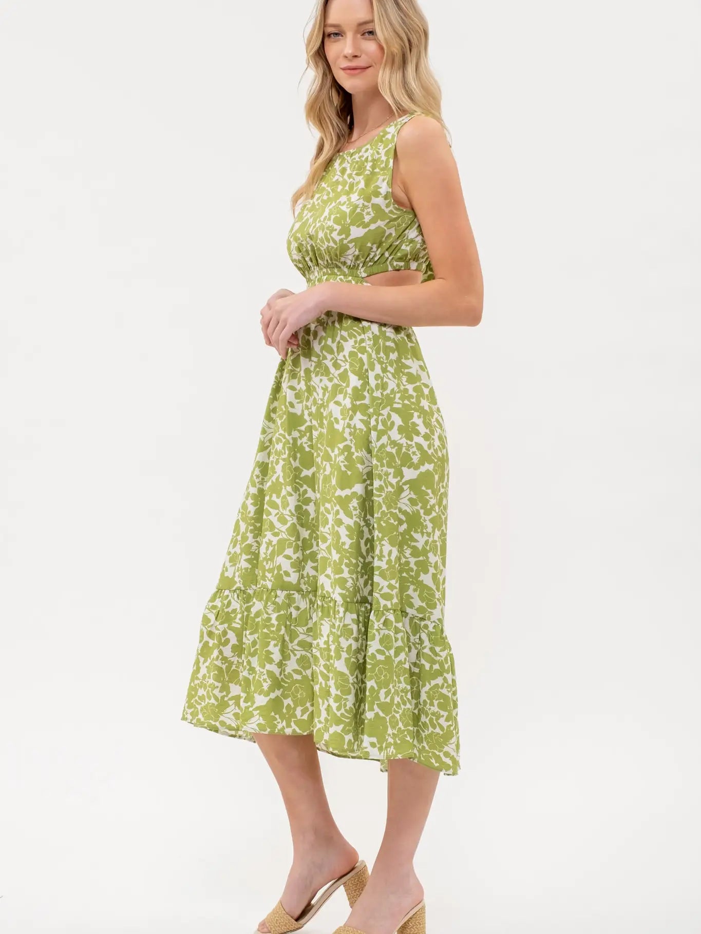Floral Print Cut Out Midi Dress Green