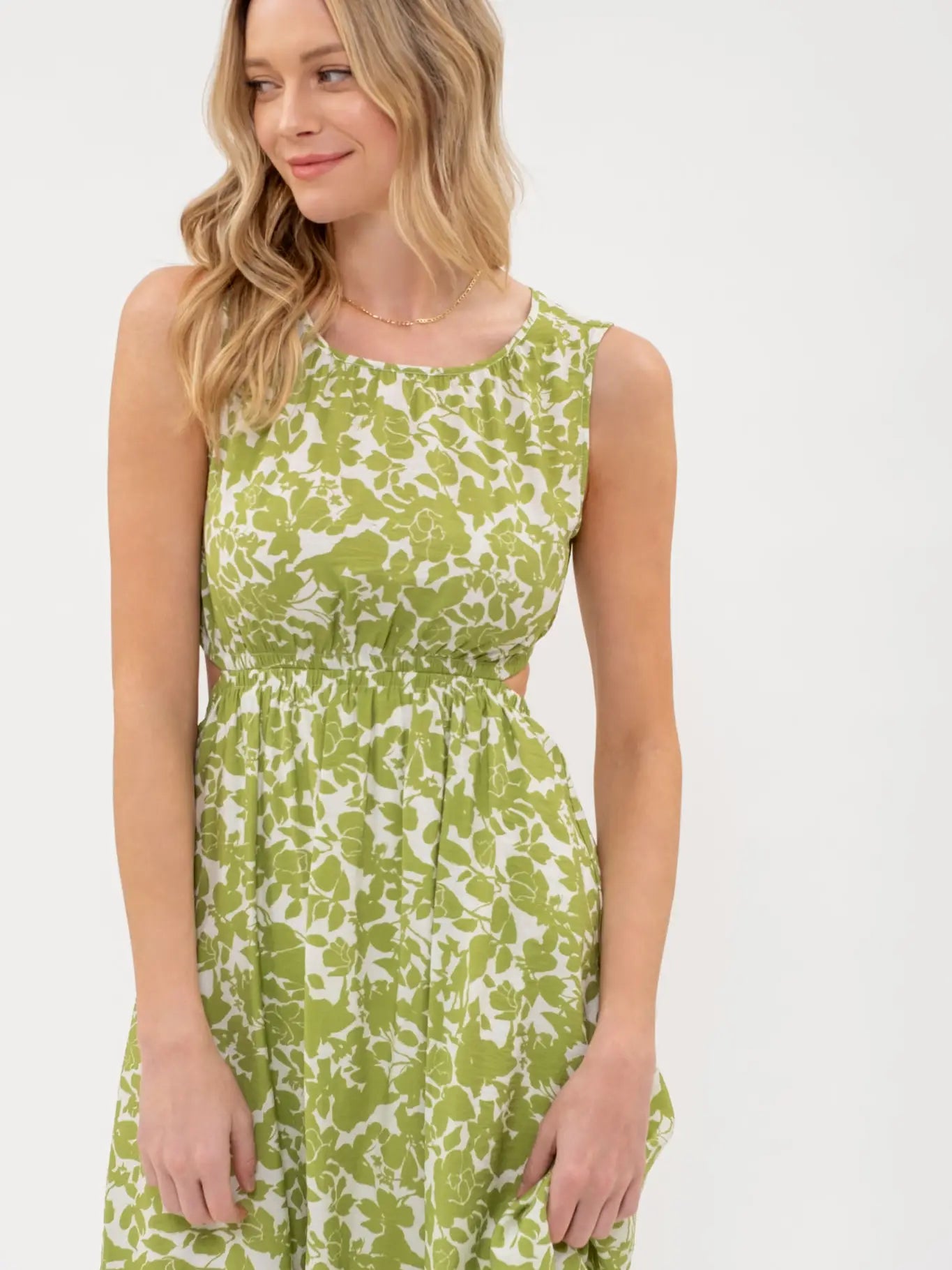 Floral Print Cut Out Midi Dress Green