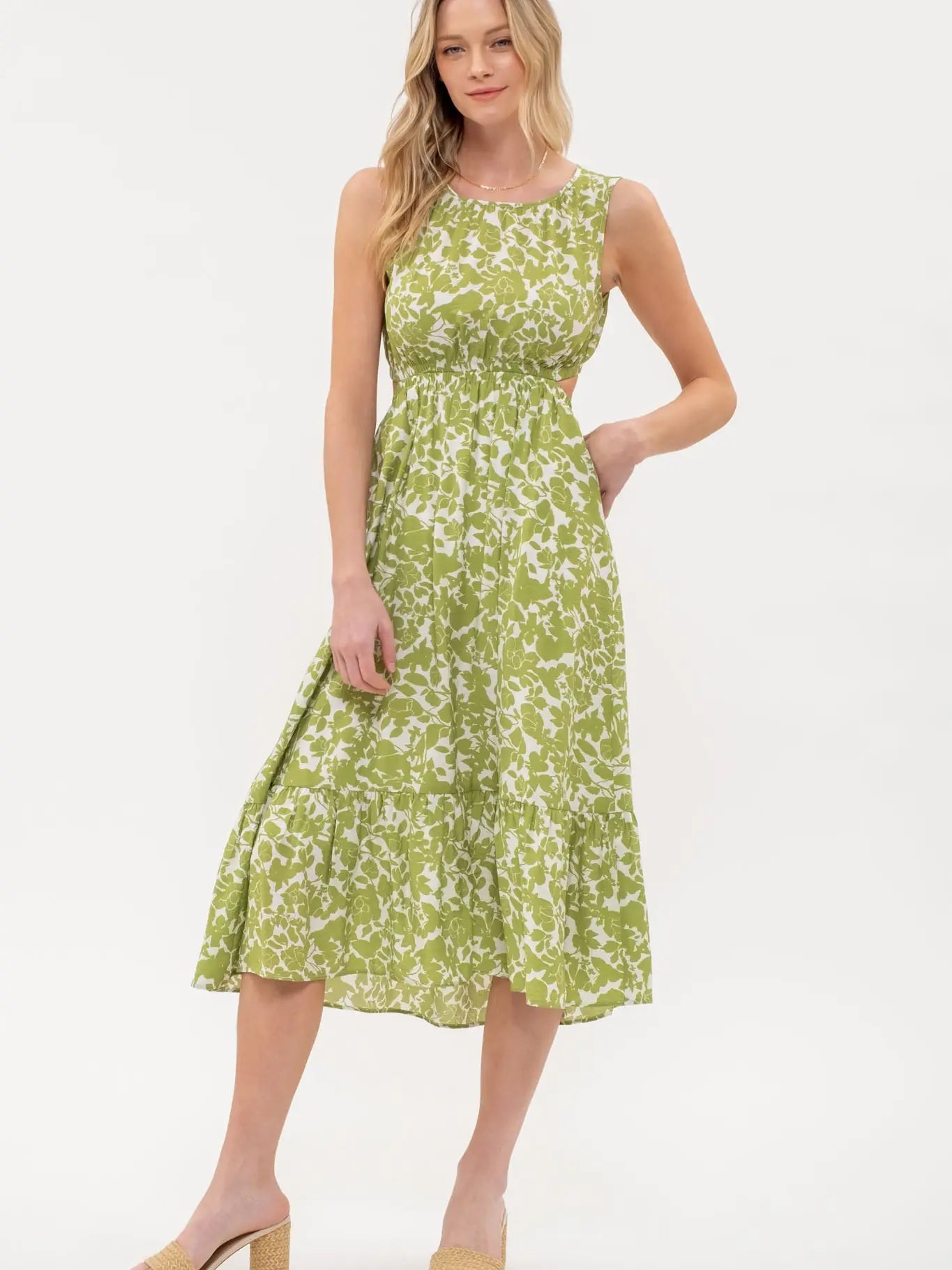 Floral Print Cut Out Midi Dress Green