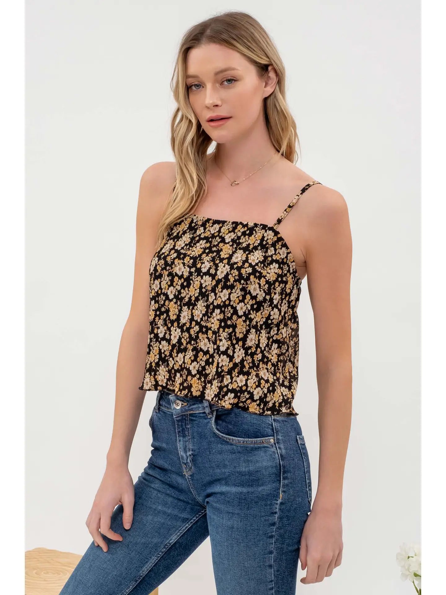 Floral Print Plisse Cami Top Black Multi