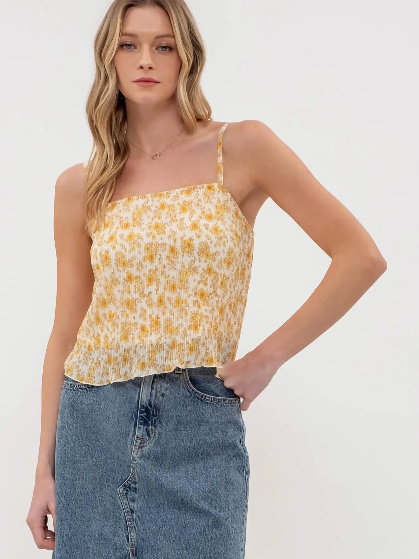 Floral Print Plisse Cami Top Black Multi