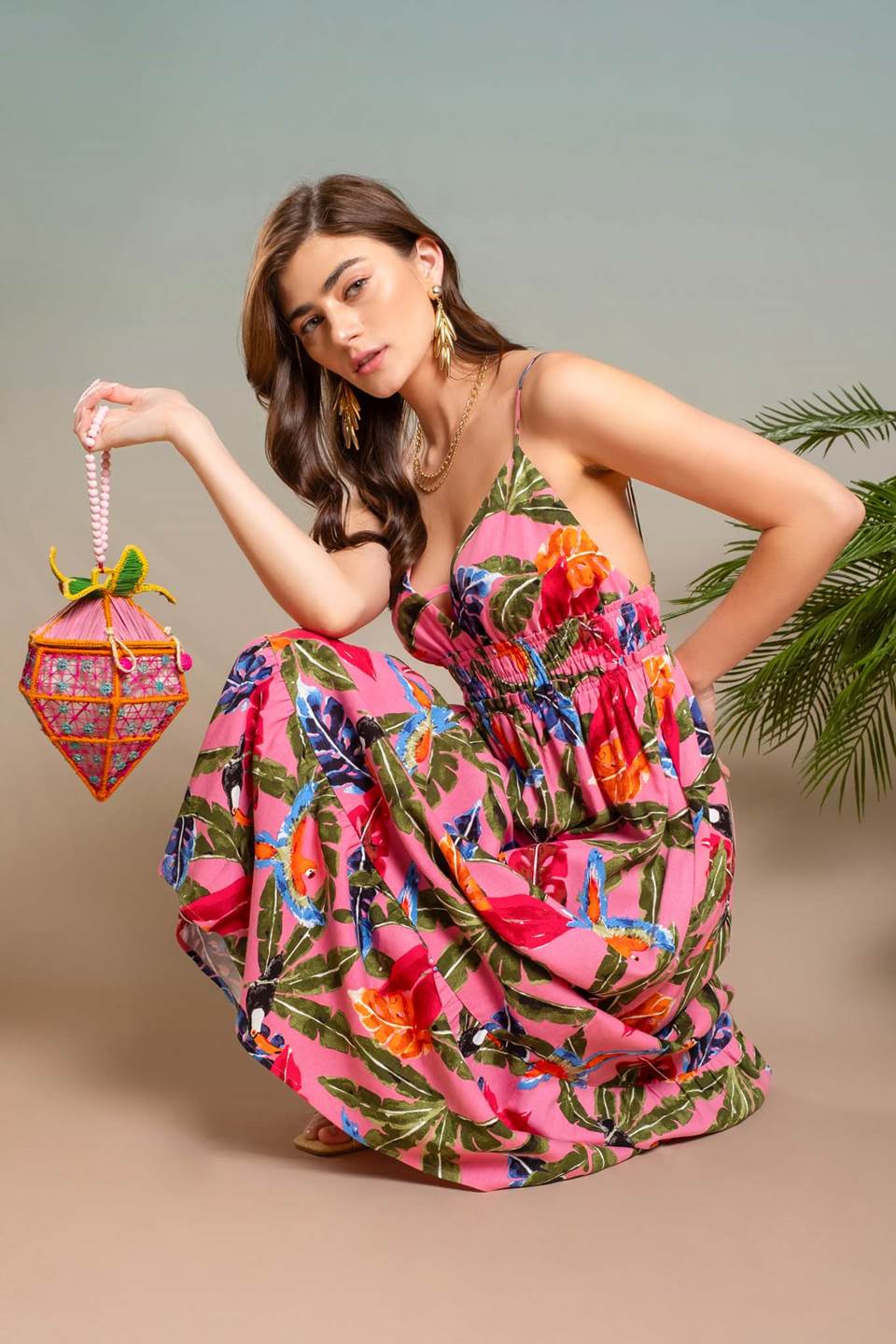 Tropical Print V Neck Midi Dress Pink Multi