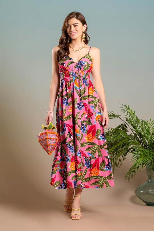 Tropical Print V Neck Midi Dress Pink Multi