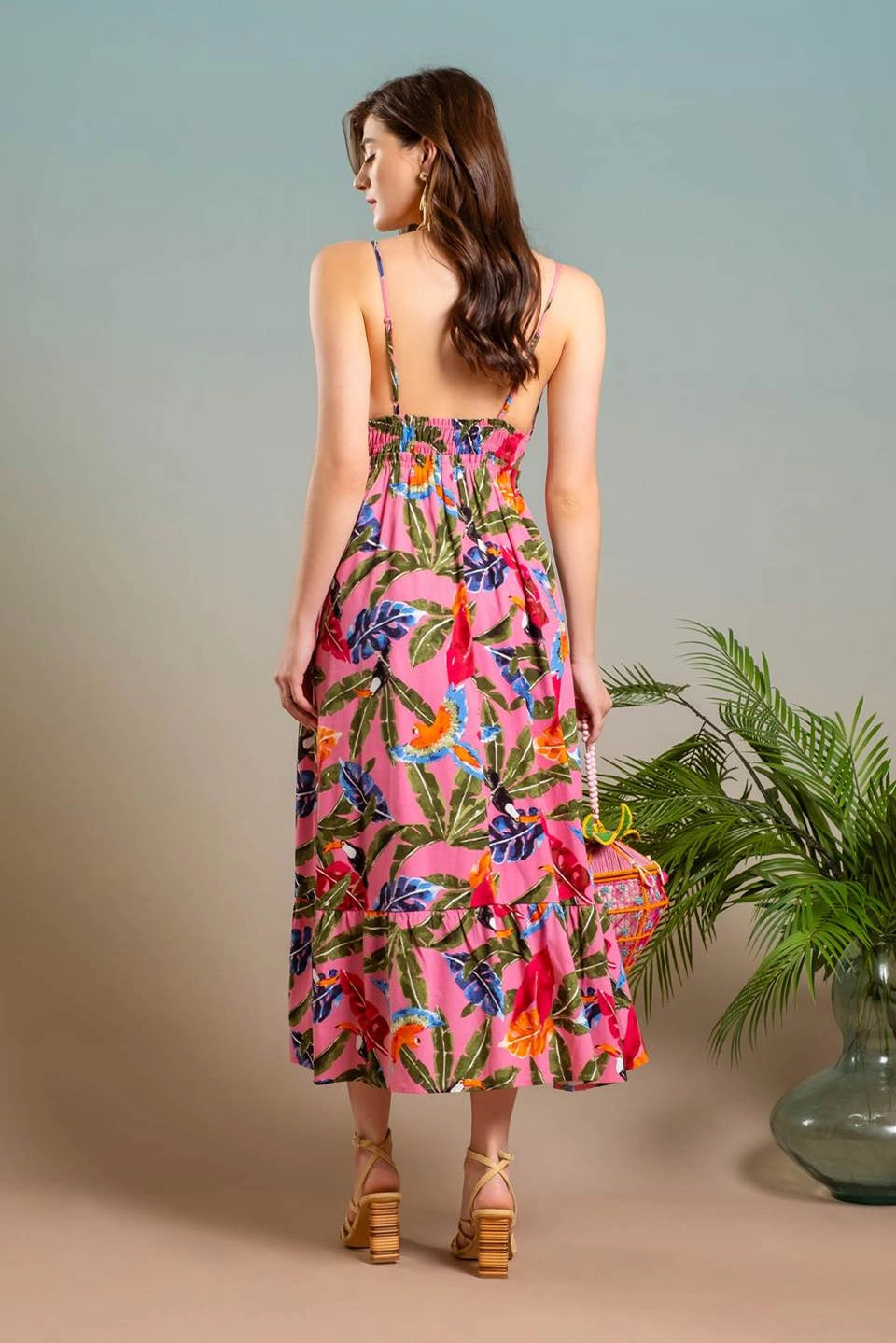 Tropical Print V Neck Midi Dress Pink Multi