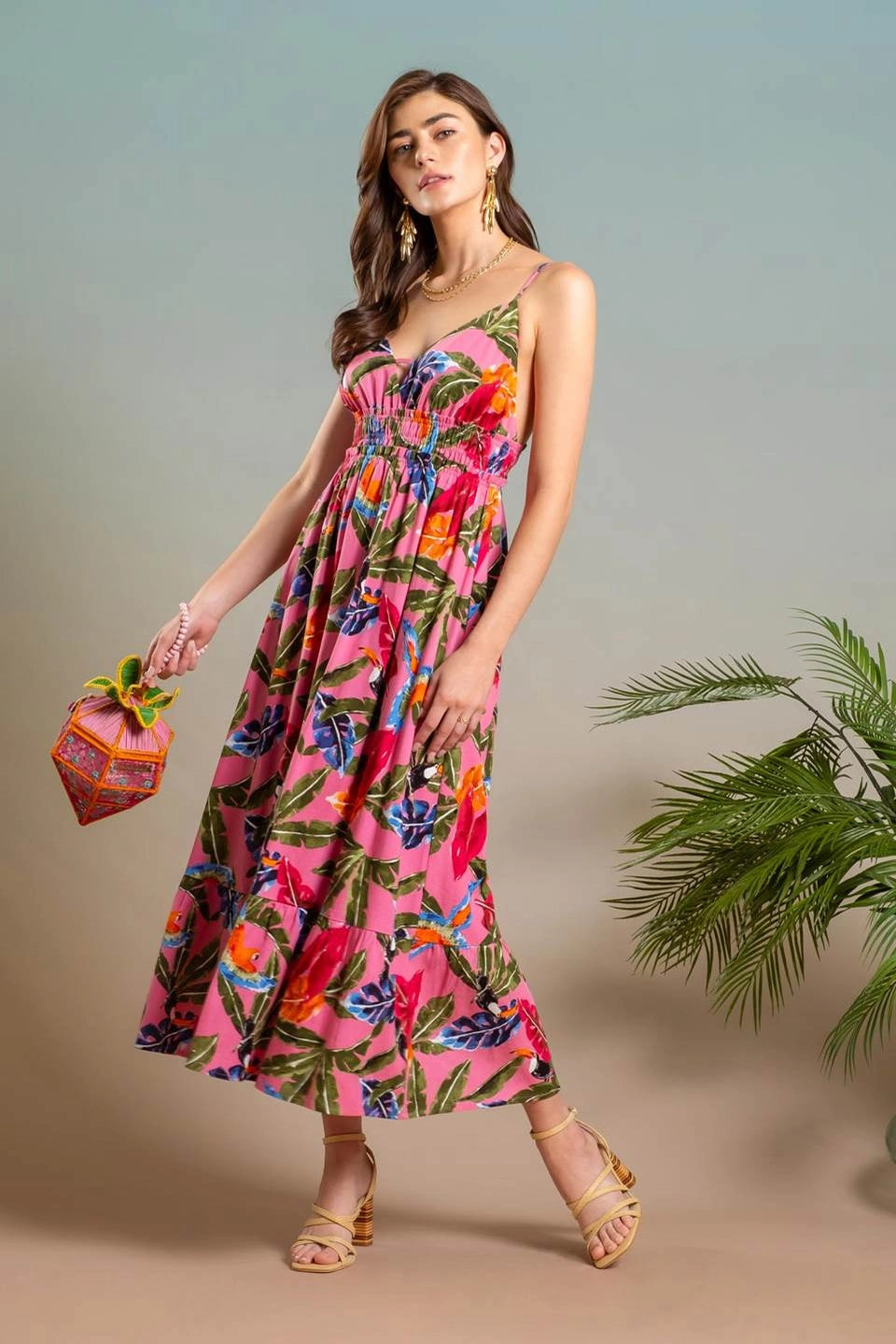 Tropical Print V Neck Midi Dress Pink Multi