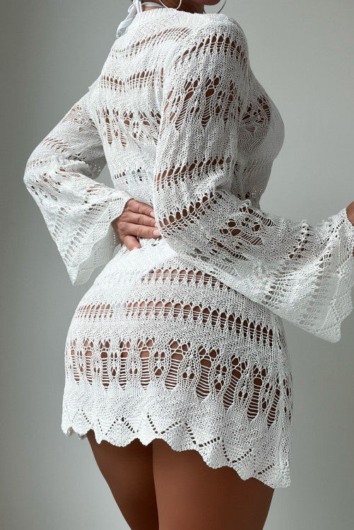 White Hollowed Long Sleeve Scalloped Trim Beach Dress