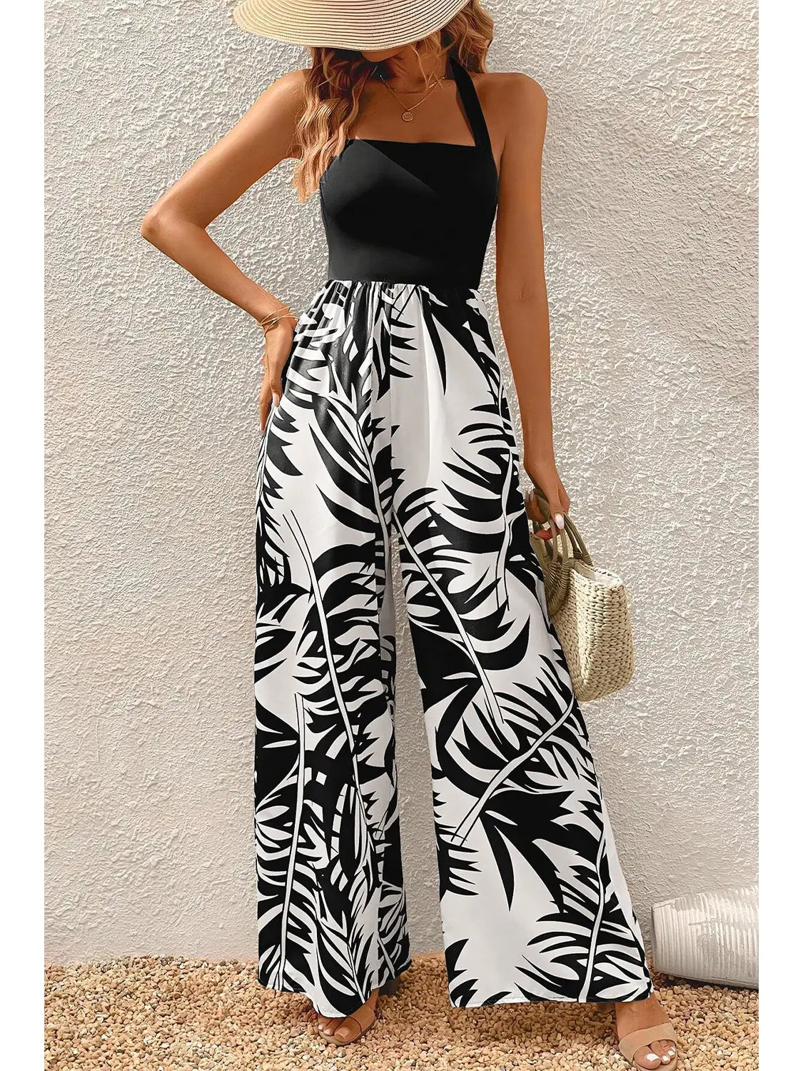 Halter Tropical Plant Print Wide Leg Jumpsuit