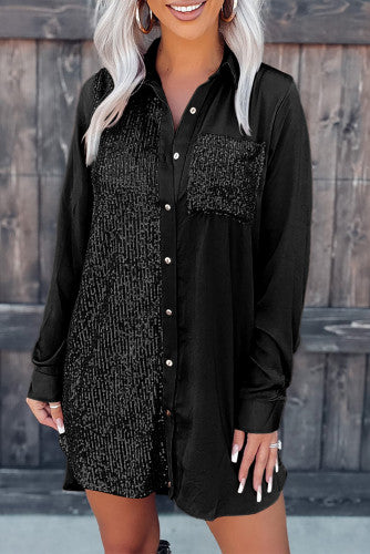 Black Sequin Pocket Shirt Dress