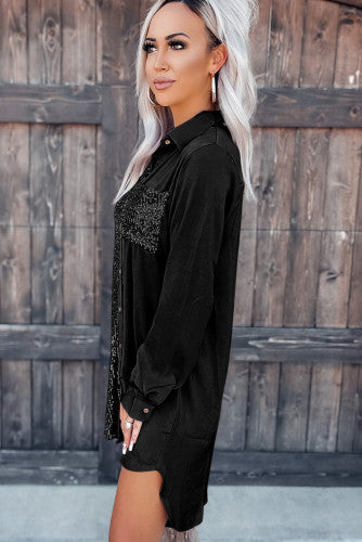 Black Sequin Pocket Shirt Dress