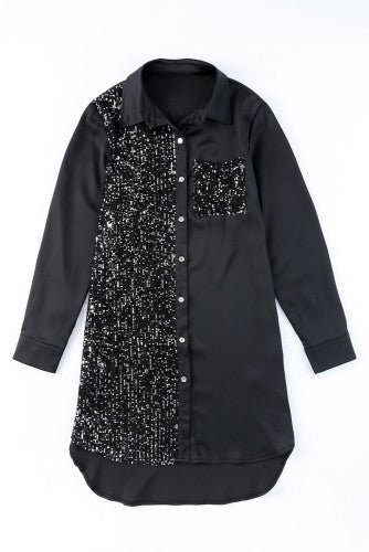 Black Sequin Pocket Shirt Dress