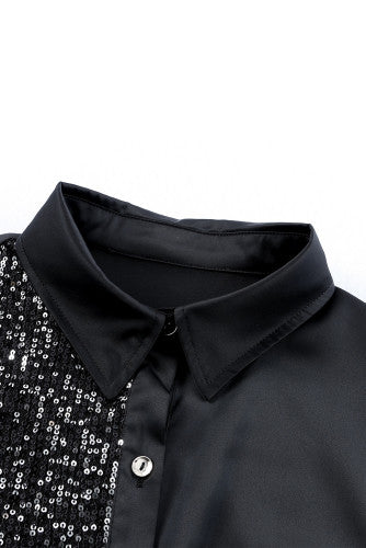 Black Sequin Pocket Shirt Dress