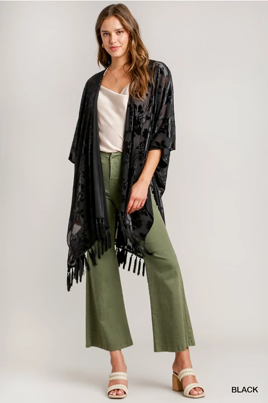 Two-Tone Floral Burnout Velvet with Tassel Fringe Kimono