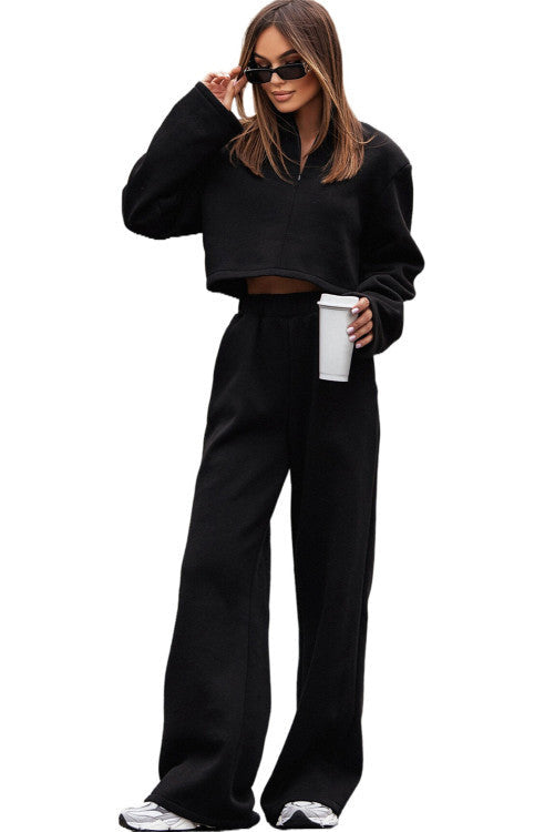 Black Zipped Crop/Wide Leg Pants Set