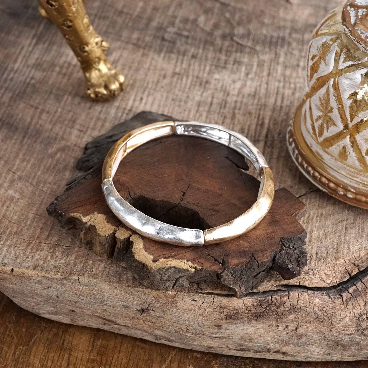 Boho Stretchy Minimalist Bangle Raw Textured Worn Gold and Silver tones