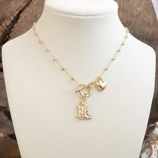 Cowgirl Charm – Dainty Boots & Heart Necklace in Gold