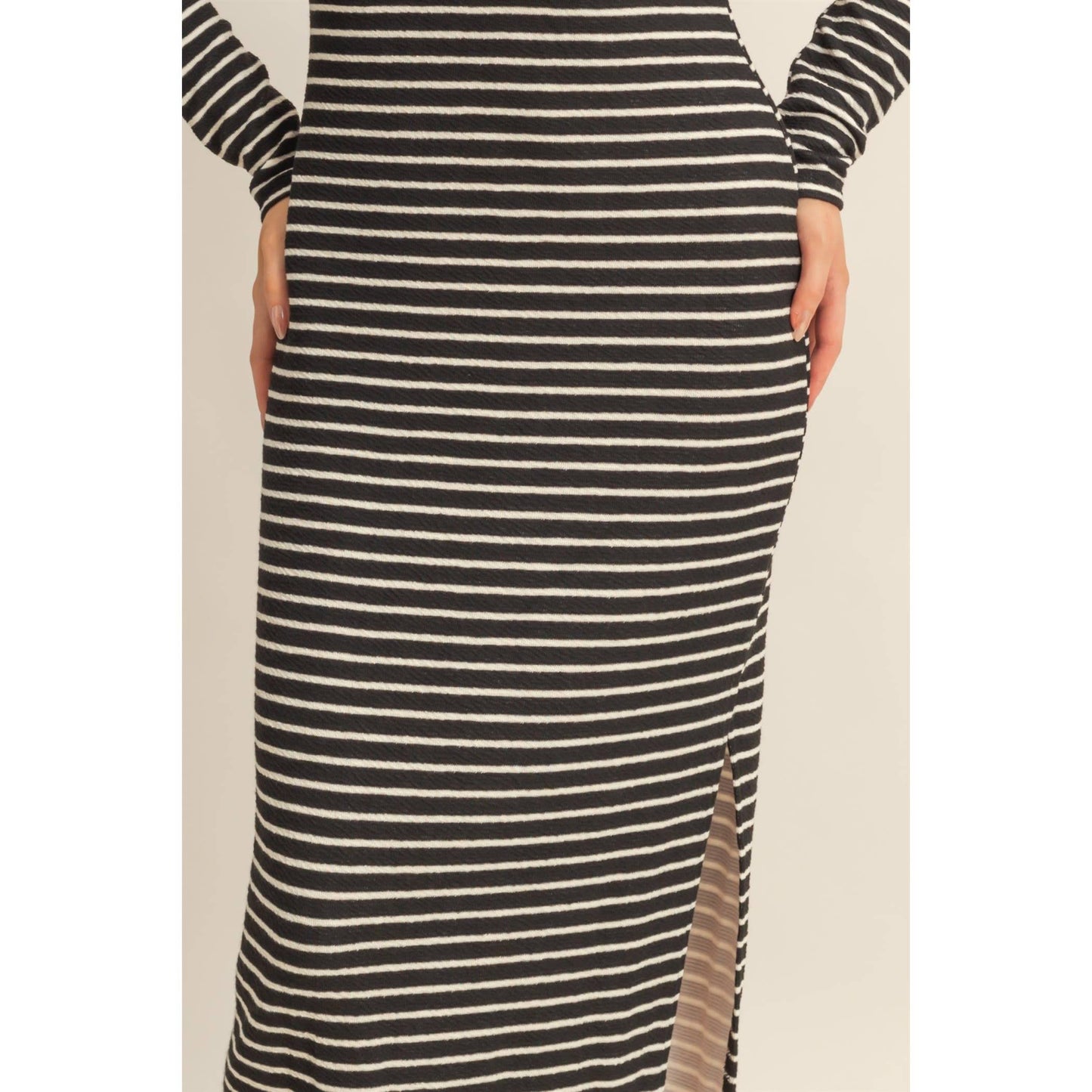 Striped Long-Sleeve Midi Dress B&W