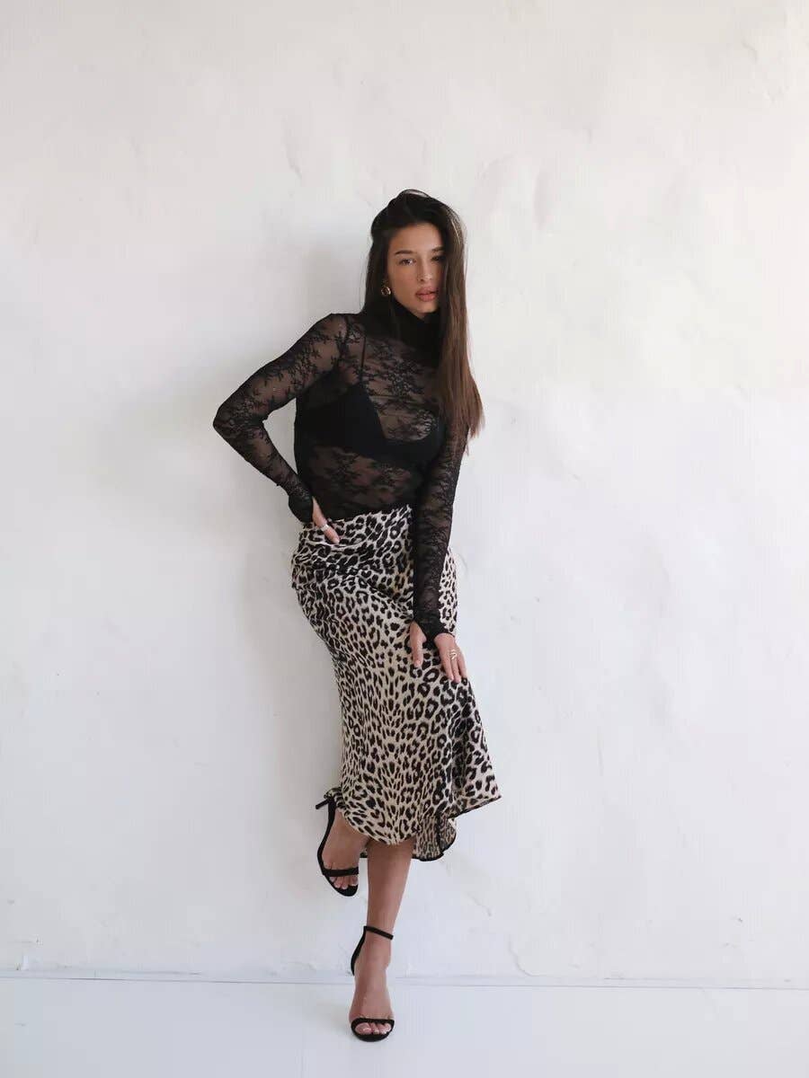 SATIN LEOPARD PRINT HIGH-WAISTED SKIRT